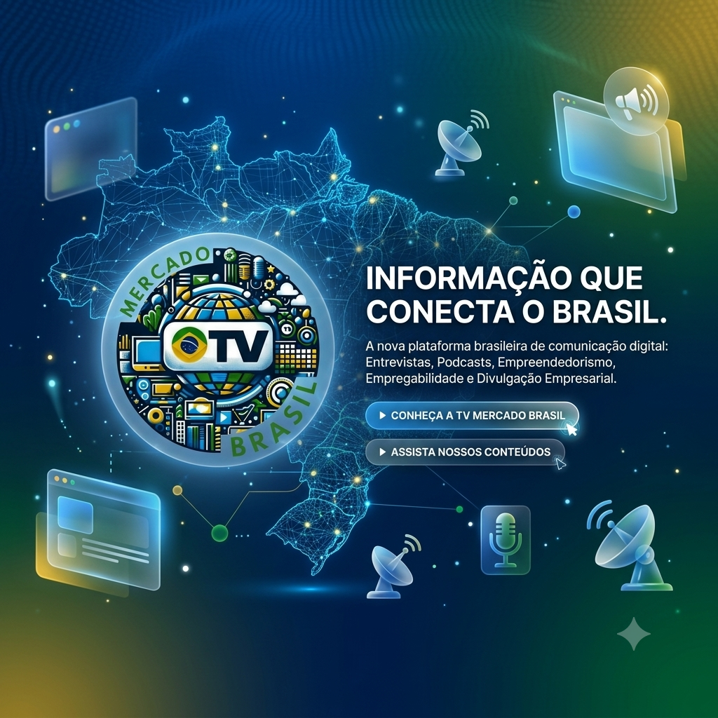 Identidade visual tecnológica da TV Mercado Brasil
